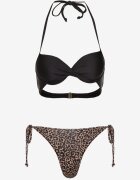 swest Bikini Negru-Bej cu legături Sutien Halter și Chiloți Savadine