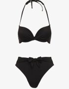 swest Bikini Negru Chiloți Tanga și Sutien Decorate cu Șnur Saniorie