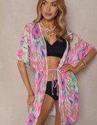 swest Cardigan din plasă Fuchsia cu Motiv Abstract Decorat cu Legătură Revoreia