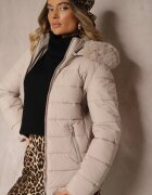 swest Geacă Bej închis Cambrată cu Cusături Matlasate cu Glugă cu Blană Loretina