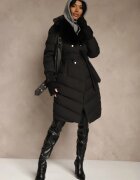 swest Geacă Neagră Matlasată cu Croială Elegantă cu Blană și Cordon Legat Galinessa
