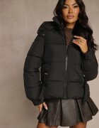 swest Geacă Neagră Puffer cu Cusături matlasate și Glugă detașabilă Gallerea