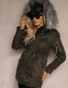 swest Geacă Parka Verde-Gri cu Glugă și Bordură de Blană Detașabilă Inaveira