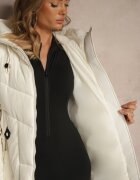swest Jachetă Albă Matlasată cu croială lungă cu glugă Decorată cu bandă cu inscripții Galiadea