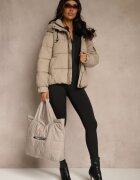 swest Jachetă bej oversize Puffer cu glugă și aplicație la mânecă Azine