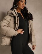 swest Jachetă bej oversize Puffer cu glugă și aplicație la mânecă Azine