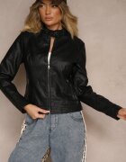 swest Jachetă Neagră Biker cu croială cambrată stil motociclist și guler ridicat Delorine