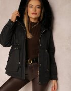 swest Jachetă Neagră din Nylon Parka cu Blană Detașabilă Cordon