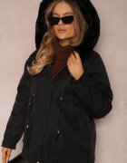 swest Jachetă Neagră din Nylon Parka cu Blană Detașabilă Cordon
