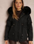 swest Jachetă Neagră din Nylon Parka cu Blană Detașabilă Cordon