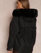 swest Jachetă Neagră din Nylon Parka cu Blană Detașabilă Cordon