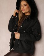 swest Jachetă Neagră din Nylon Parka cu Blană Detașabilă Cordon