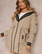swest Jachetă Parka Bej închis cu Model Geometric pe Glugă și Mâneci Lidya