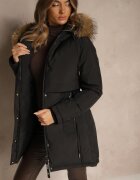 swest Jachetă Parka Neagră Clasică cu Glugă cu Blană Nalisava