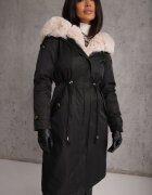 swest Jachetă Parka Negru-Bej Căptușită cu Glugă cu Blană Detașabilă Strânsă în Talie Melintina