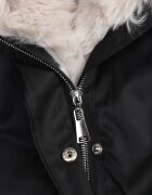swest Jachetă Parka Negru-Bej Căptușită cu Glugă cu Blană Detașabilă Strânsă în Talie Melintina