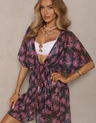 swest Kimono de plajă Negru cu Cordon cu Imprimeu Floral Mevelaura