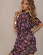 swest Kimono de plajă Negru cu Cordon cu Imprimeu Floral Mevelaura