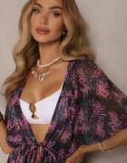 swest Kimono de plajă Negru cu Cordon cu Imprimeu Floral Mevelaura