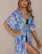 swest Kimono din plasă albastru cu motiv abstract decorat cu șnur Revoreia