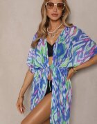 swest Kimono din plasă albastru cu motiv abstract decorat cu șnur Revoreia