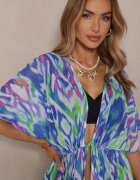 swest Kimono din plasă albastru cu motiv abstract decorat cu șnur Revoreia