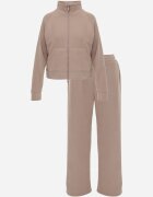 swest Set de trening cu pantaloni Wide Leg și bluză cu fermoar cu guler tip tunică Milia Bej închis