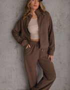 swest Set de trening cu pantaloni Wide Leg și bluză cu fermoar cu guler tip tunică Milia Maro