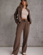 swest Set de trening cu pantaloni Wide Leg și bluză cu fermoar cu guler tip tunică Milia Maro