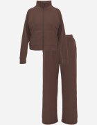 swest Set de trening cu pantaloni Wide Leg și bluză cu fermoar cu guler tip tunică Milia Maro