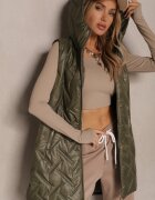swest Vestă Verde cu Cusături Matlasate și Glugă Decorată cu Patch Lisaniria