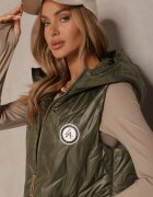 swest Vestă Verde cu Cusături Matlasate și Glugă Decorată cu Patch Lisaniria