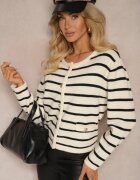 tandem Cardigan Crem-Negru cu Adaos de Cașmir cu nasturi Decorat cu Dungi și Imitație de Buzunare Ediala