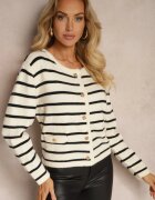 tandem Cardigan Crem-Negru cu Adaos de Cașmir cu nasturi Decorat cu Dungi și Imitație de Buzunare Ediala