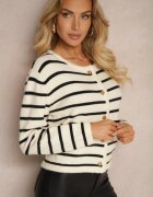 tandem Cardigan Crem-Negru cu Adaos de Cașmir cu nasturi Decorat cu Dungi și Imitație de Buzunare Ediala