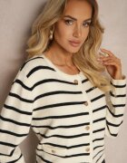 tandem Cardigan Crem-Negru cu Adaos de Cașmir cu nasturi Decorat cu Dungi și Imitație de Buzunare Ediala