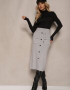 tandem Fustă creion Gri deschis cu cașmir High Waist cu nasturi decorativi și buzunare Edithwen