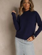 tandem Pulover bleumarin neted cu guler semi-înalt din tricot cu lână și viscoză Zaiara