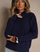 tandem Pulover bleumarin neted cu guler semi-înalt din tricot cu lână și viscoză Zaiara