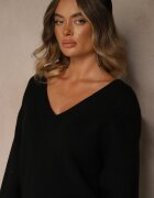 tandem Pulover Negru cu Cașmir și Decolteu Triunghiular Plenne