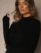 tandem Pulover Negru Neted cu Semi-guler din Tricot cu Lână și Vâscoză Zaiara