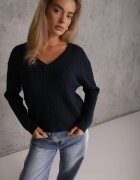 tandem Pulover scurt cu adaos de cașmir cu decolteu în V și model în relief Brizia Bleumarin