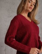 tandem Pulover scurt cu adaos de cașmir cu decolteu în V și model în relief Brizia Bordo
