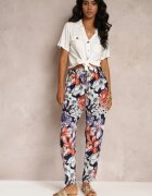tiramisu Pantaloni Bleumarin cu Flori cu Elastic în Talie și Craci Drepți Flosene