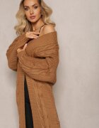 tricot station Cardigan Lung Maro cu Împletitură Decorativă Lată Havsana