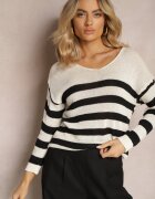 tricot station Pulover Bej-Negru cu Dungi Largi cu Decolteu în V Liminela