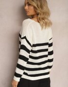 tricot station Pulover Bej-Negru cu Dungi Largi cu Decolteu în V Liminela
