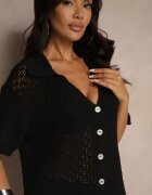 tricot station Rochie Neagră tip cămașă din bumbac și plasă Folesia