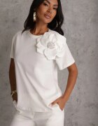  Tricou Bluză Alb din Bumbac cu Mânecă Scurtă și Aplicație Florală Dimasa