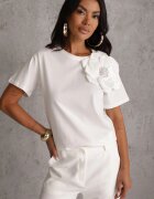  Tricou Bluză Alb din Bumbac cu Mânecă Scurtă și Aplicație Florală Dimasa